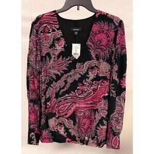 KAREN KANE Black Pink Paisley V-Neck Blouse Long Sleeve 2X New